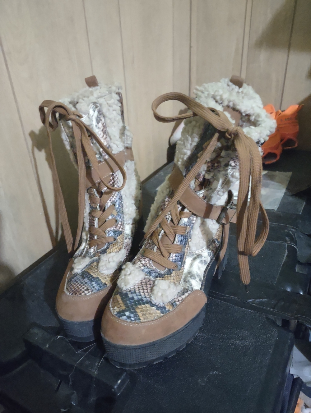 BAMBOO Brown Faux Shearling Lace-Up Platform Mules